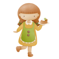 Illustration of cartoon girl character standing and serving snacks on transparent background, illustration for various designs. png