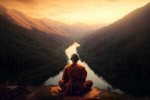 Buddhist monk in meditation on mountaintop at beautiful sunset or sunrise photo