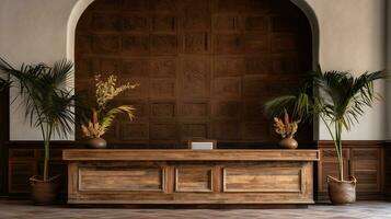 Generative AI, Front desk of boho hotel, wooden reception photo