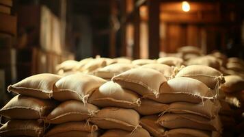 Generative AI, Stack hemp sacks of rice or coffee, industrial storage photo