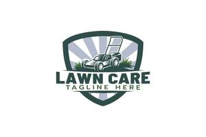 lawn care logo with a combination of grassland, lawn mower, and shield. vector