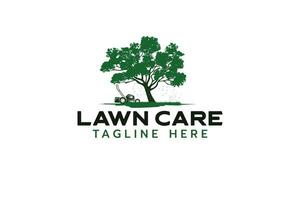 lawn care logo with a combination of grassland, lawn mower and tree. vector