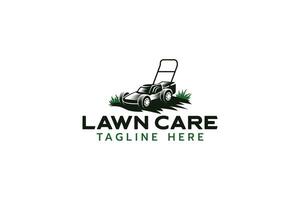 lawn care logo with a combination of grassland and lawn mower vector