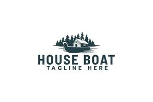 houseboat logo with a combination of a houseboat, pine, and lake waters. vector
