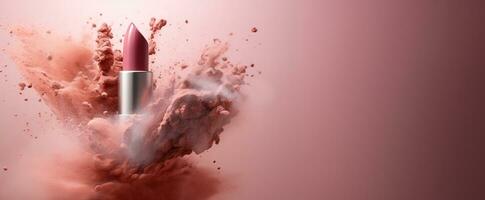 Generative AI, Nude beige color lipstick, beige and pink powder splashes and smoke with copy space. photo