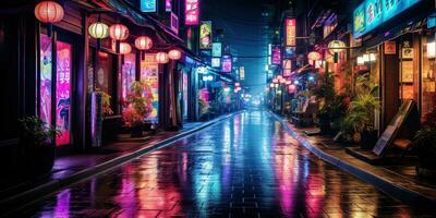 generativo ai, noche escena de grande tokio ciudad en cyberpunk estilo, futurista nostálgico años 80, años 90 neón luces vibrante colores, fotorrealista horizontal ilustración foto