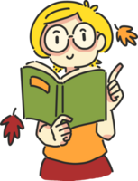 Autumn reading book with little girl png