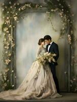 Wedding backdrop background illustration design, couple in love, marriage, bride, Generative AI photo