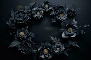 Generative AI, Close up wreath, blooming flowerbeds of amazing black flowers on dark moody floral textured background. photo