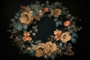 Generative AI, Close up wreath, blooming flowerbeds of amazing apricot and orange flowers on dark moody floral textured background. photo