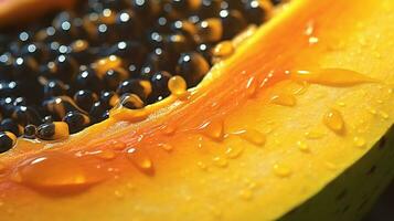 Generative AI, Macro Fresh half of papaya fruit background. Tropical exotic closeup photo with drops