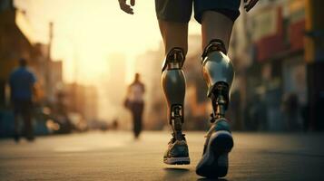 Generative AI, person with disability, prosthetic limb running and does not feel obstacles, photo