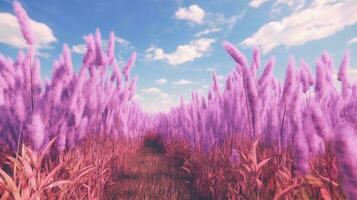 Generative AI, Pampa purple lavender color grass branch with sky. Abstract natural boho background of soft plants, Cortaderia selloana photo