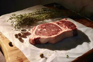 generativo ai, crudo Fresco chuletón filete en un tablero en un mesa preparado para el parrilla, vaquero filete con Romero y pimienta foto