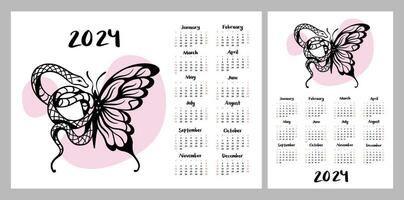 Calendar layout for 2024. Girls' tattoos of a butterfly with a snake. Horizontal and vertical layout for printing. Monthly planner vector