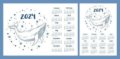 Calendar layout for 2024. A whale in the style of line art . Horizontal and vertical printing template vector