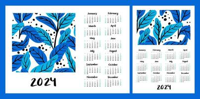 Calendar layout for 2024. Botanical illustration. Vertical and horizontal layouts for A4, A5 printing vector