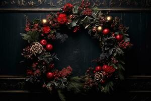 Generative AI, Close up Christmas wreath, dried branches, red berries, pine, balls and flowers on dark moody floral textured background. photo