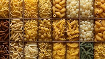 Generative AI, Variety of types, colors and shapes of Italian pasta, texture background photo