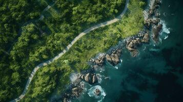 generativo ai, aéreo ver de curvo asfalto la carretera cerca el Oceano o mar, línea costera foto