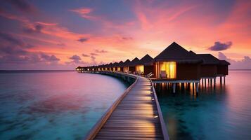 Generative AI, Maldives travel destination, Water hotel resort bungalows. A place for dreams. photo