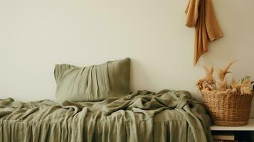 Generative AI, Relaxing bedroom detail of bed with natural linen textured bedding, muted neutral aesthetic colors photo