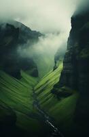 generativo ai, escénico verde colinas en el nubes, hermosa naturaleza paisaje aéreo panorama, montañas, aéreo fotografía foto