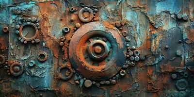 Generative AI, Rusted blue and turquoise metal background. Grunge old wall texture photo