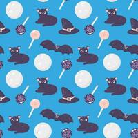 Halloween seamless pattern with cat, bat and moon vector