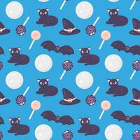 Halloween seamless pattern with cat, bat and moon vector