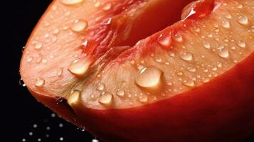 generativo ai, brillante rebanada de jugoso maduro melocotón y agua gotas, macro de verano Fruta foto