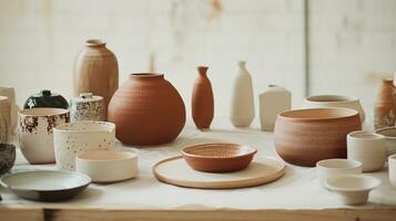 Generative AI, crafted pottery, still life of hand made pottery and ceramic bowls, hobby and leisure concept photo