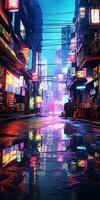 Generative AI, Night scene of after rain city in cyberpunk style, futuristic nostalgic 80s, 90s. Neon lights vibrant colors, photorealistic vertical illustration. photo