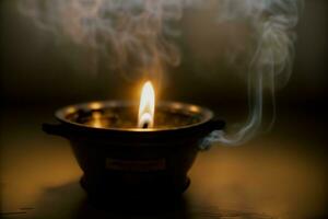 A Lit Candle Sitting In A Bowl On A Table. AI Generated photo