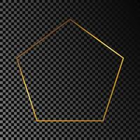 Gold glowing pentagon shape frame isolated on dark background. Shiny frame with glowing effects. Vector illustration.