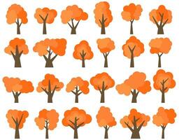 Set of twenty four different cartoon red trees isolated on white background. Vector illustration