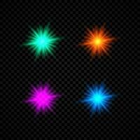 Light effect of lens flares. Set of four green, orange, purple and blue glowing lights starburst effects with sparkles on a dark background. Vector illustration