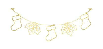 Gold Christmas Stocking and Mistletoe Garland Outline Doodle Vector Illustration, Christmas Festive Winter Holiday Season Bunting