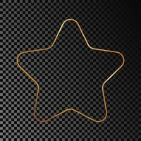 Gold glowing rounded star shape frame isolated on dark background. Shiny frame with glowing effects. Vector illustration.