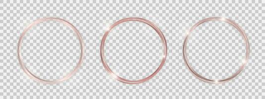 Double round shiny frames with glowing effects. Set of three rose gold double round frames with shadows on background. Vector illustration