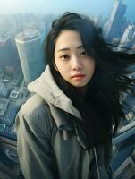 Beautiful young Asian woman portrait, cute girl wallpaper background photo, Generative AI photo