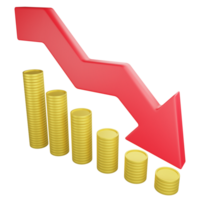 Cut loss graph and coin stack down icon on transparent background ,3D render business and investment concept png