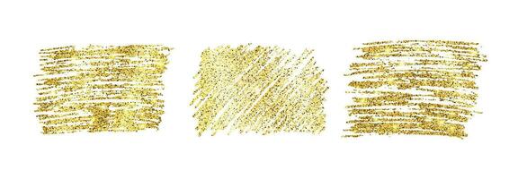 Set of three golden paint glittering backdrops on a white background. Background with gold sparkles and glitter effect. Empty space for your text.  Vector illustration