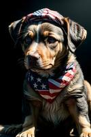 A Brown And Black Dog Wearing A Bandana. AI Generated photo