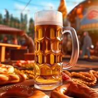 Beer and salted pretzels on wooden table. Oktoberfest celebration. Beer day. AI generative photo