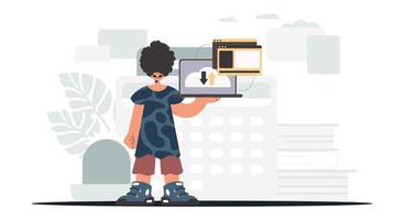 A woman holding a laptop and a computer vector