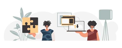 Two people holding up a laptop and a puzzle piece vector