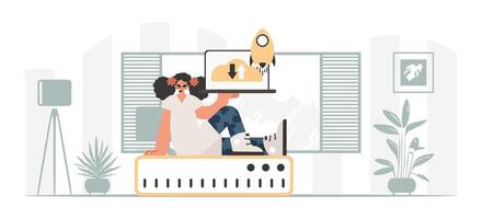 A woman sitting on a computer with a rocket in the background vector