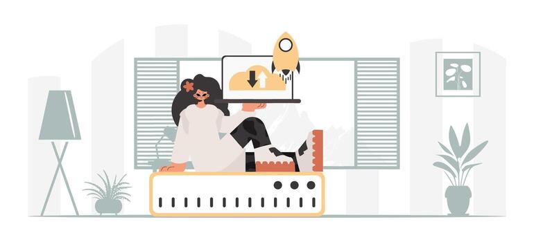 A woman is sitting on a chair with a laptop vector