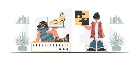 Two people are working on a computer together vector